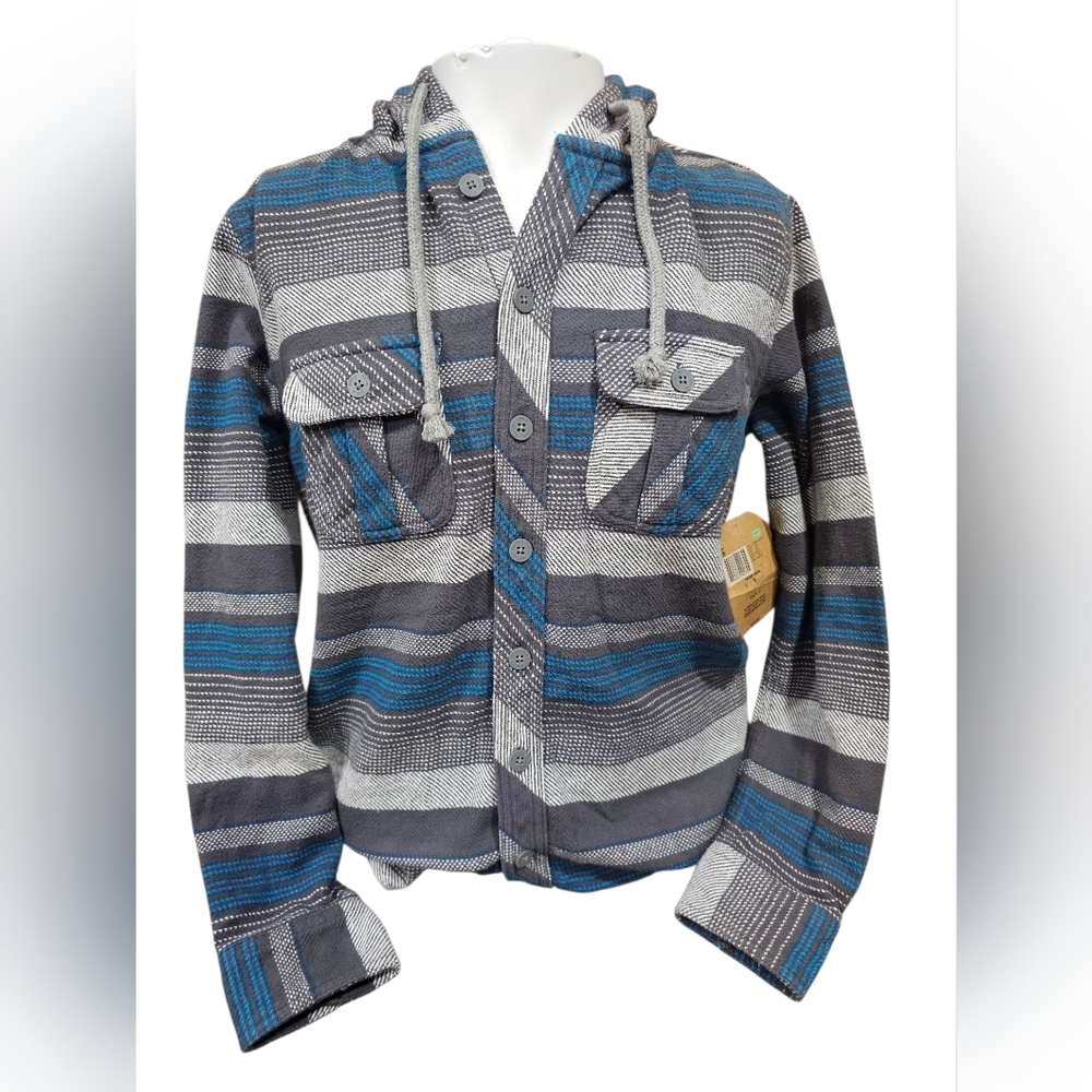 Route 66 Hooded Shirt Jacket Flannel Style –‎ Gray Blue Striped – Men’s Small